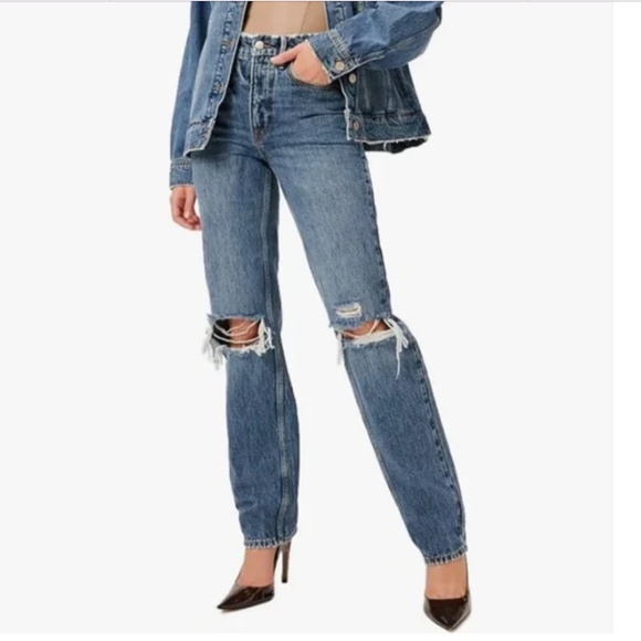 Good American Good 90s Icon Straight Leg Distressed Jeans, Sz 8 / 29, Blue953 - Picture 1 of 6